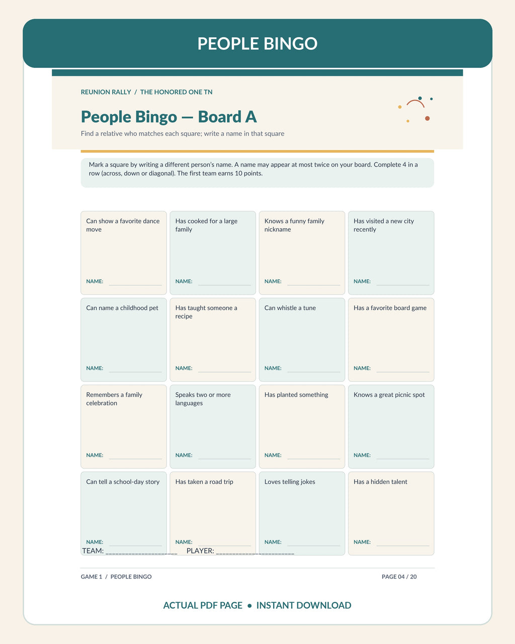 Actual US Letter page 4 of Reunion Rally showing People Bingo Board A, printable family reunion game