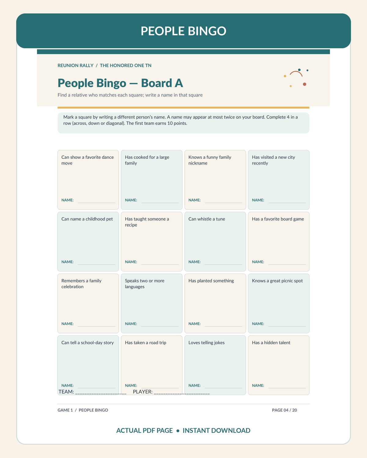 Actual US Letter page 4 of Reunion Rally showing People Bingo Board A, printable family reunion game