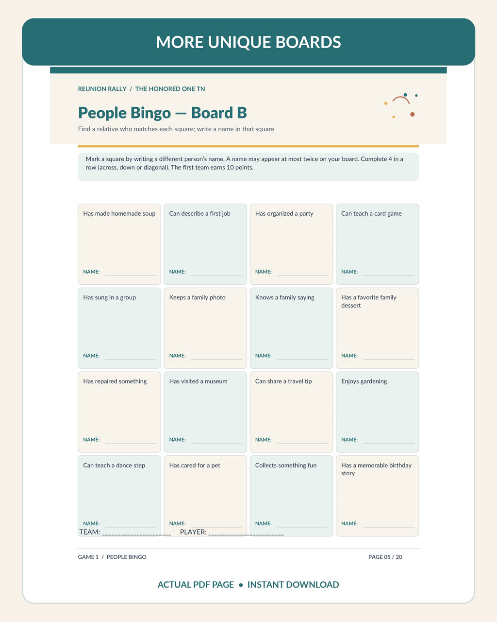 Actual US Letter page 5 of Reunion Rally showing a different People Bingo Board B