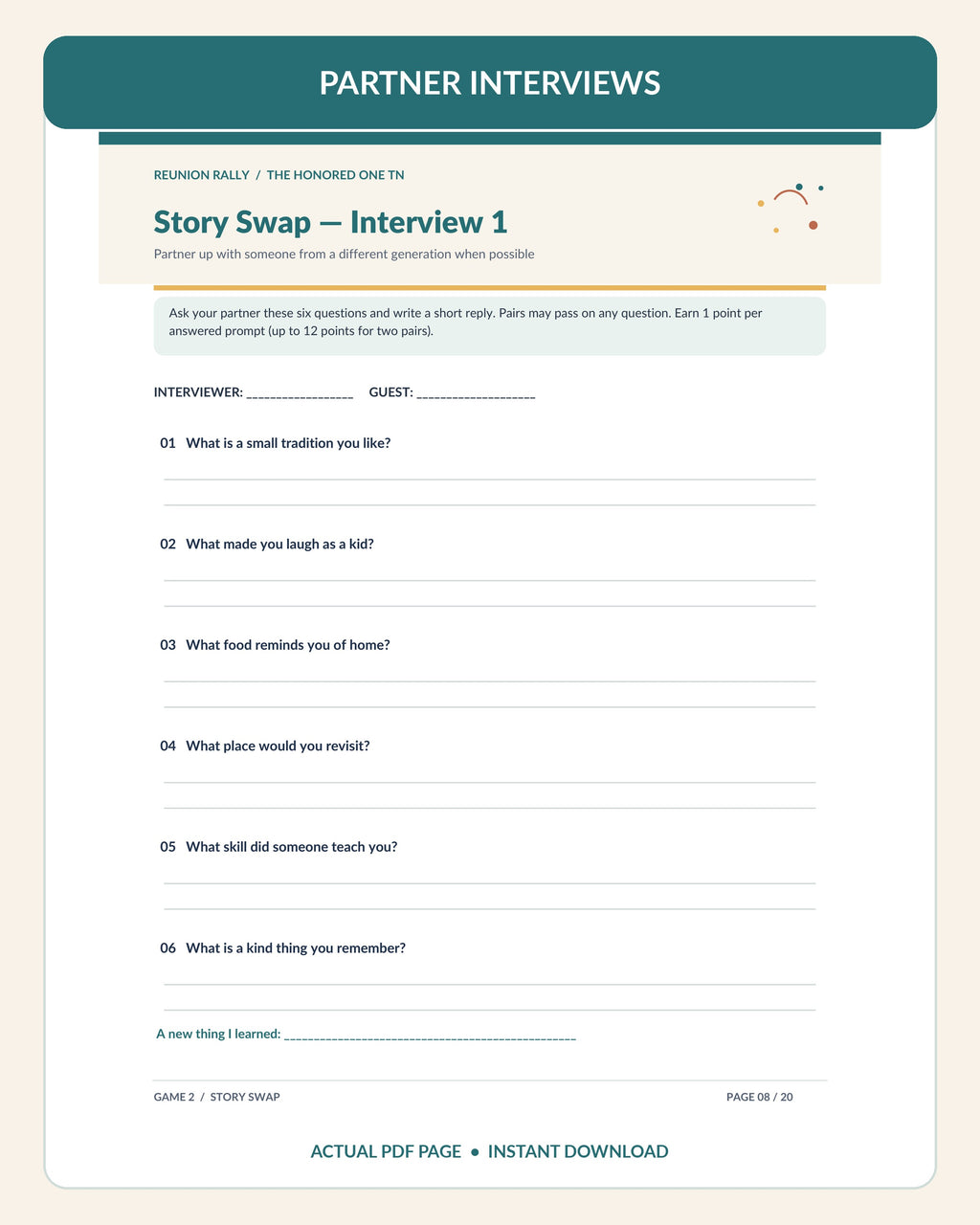 Actual page 8 of Reunion Rally PDF with six intergenerational Story Swap questions