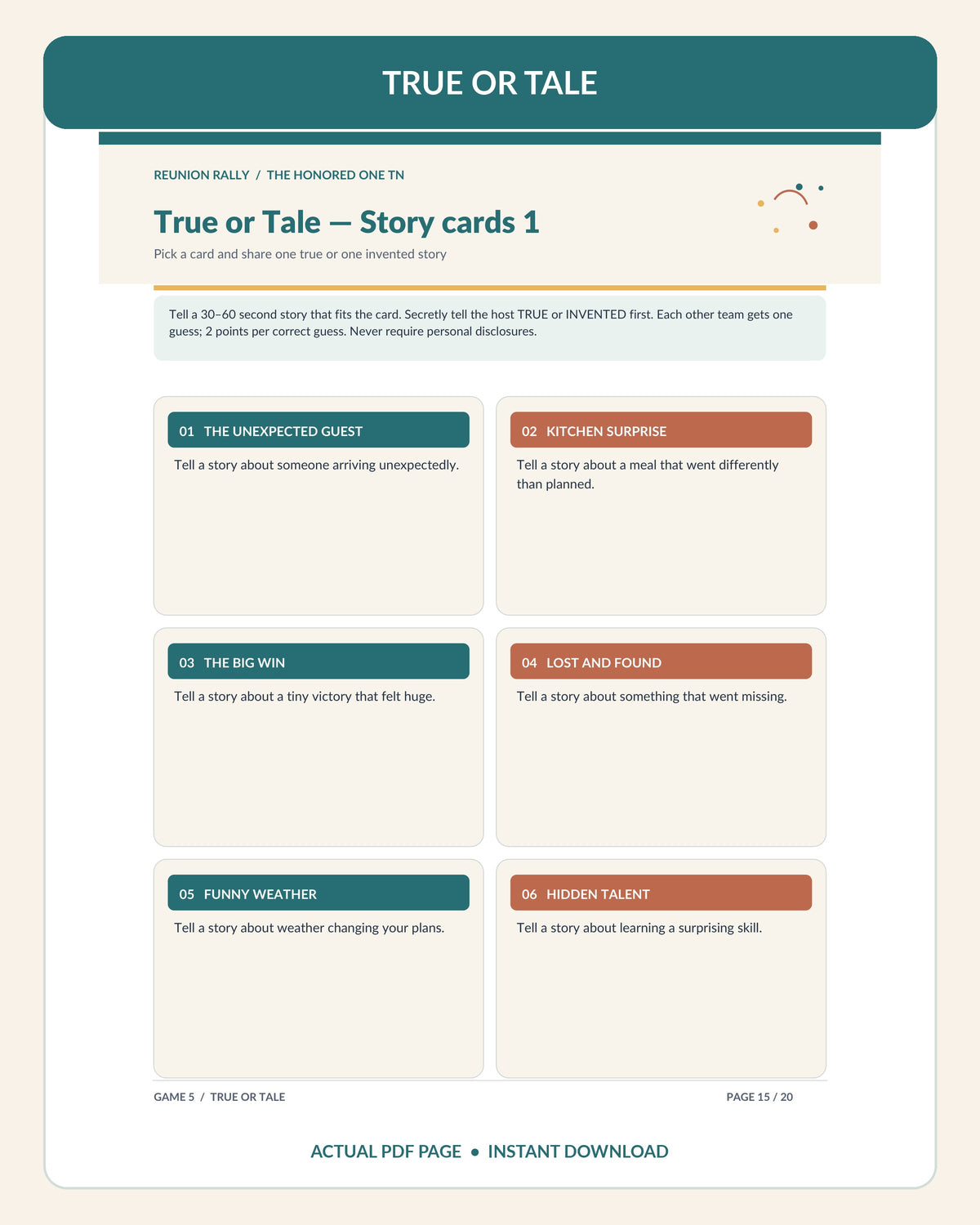 Actual page 15 of Reunion Rally PDF with six True or Tale storytelling cards
