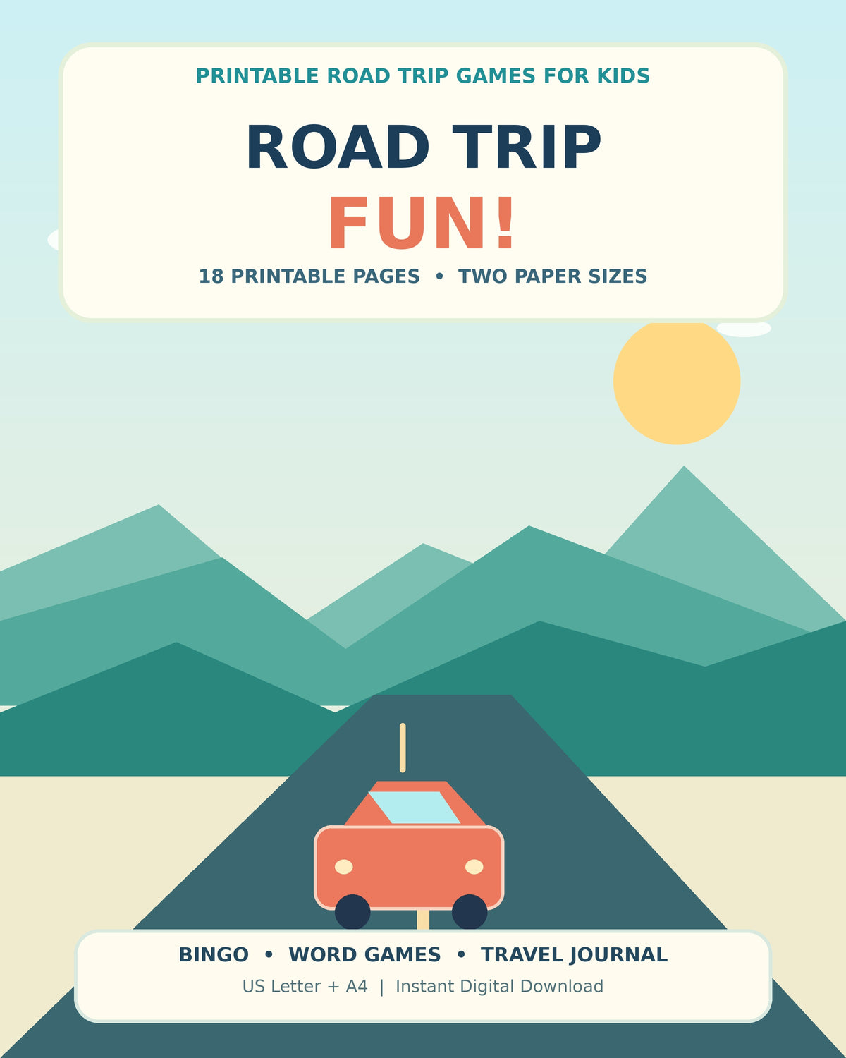 Road Trip Fun kids travel games printable PDF illustrated cover 18 pages US Letter and A4