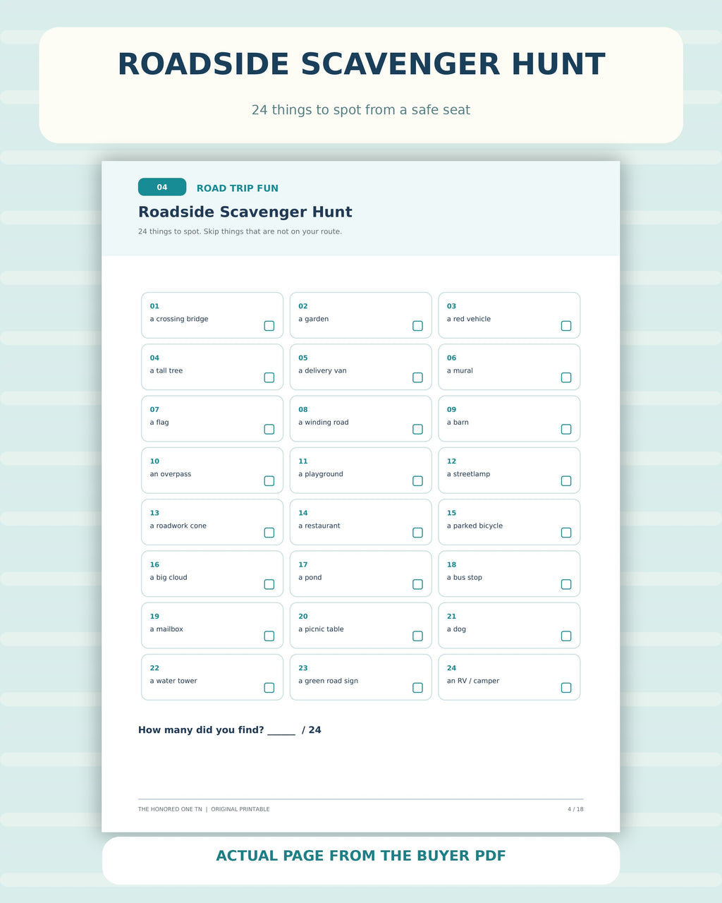 Actual 24-item roadside scavenger hunt printable page 4 of buyer PDF