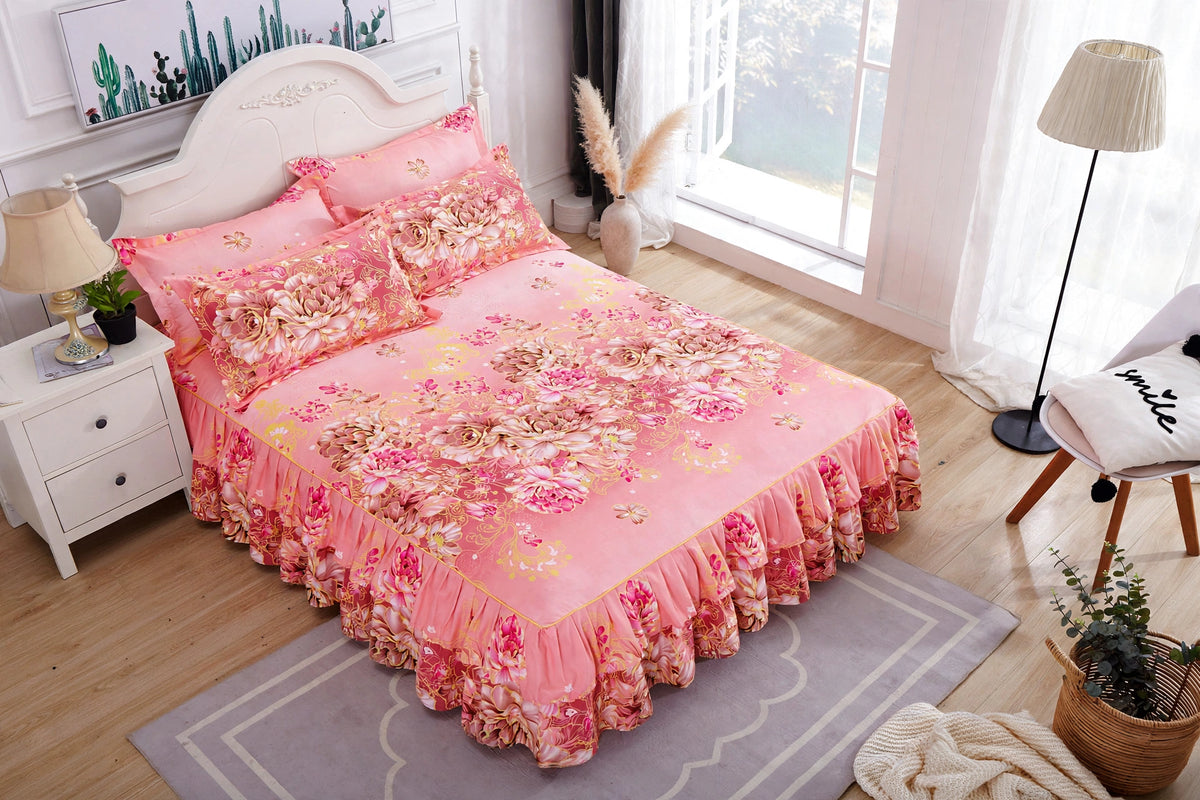 Luxury Floral Ruffle Bed Skirt Set - Double Ruffle Bedspread with 4 Pillowcases - Pink Floral Bedding Set - Soft Breathable Bed Skirt Cover