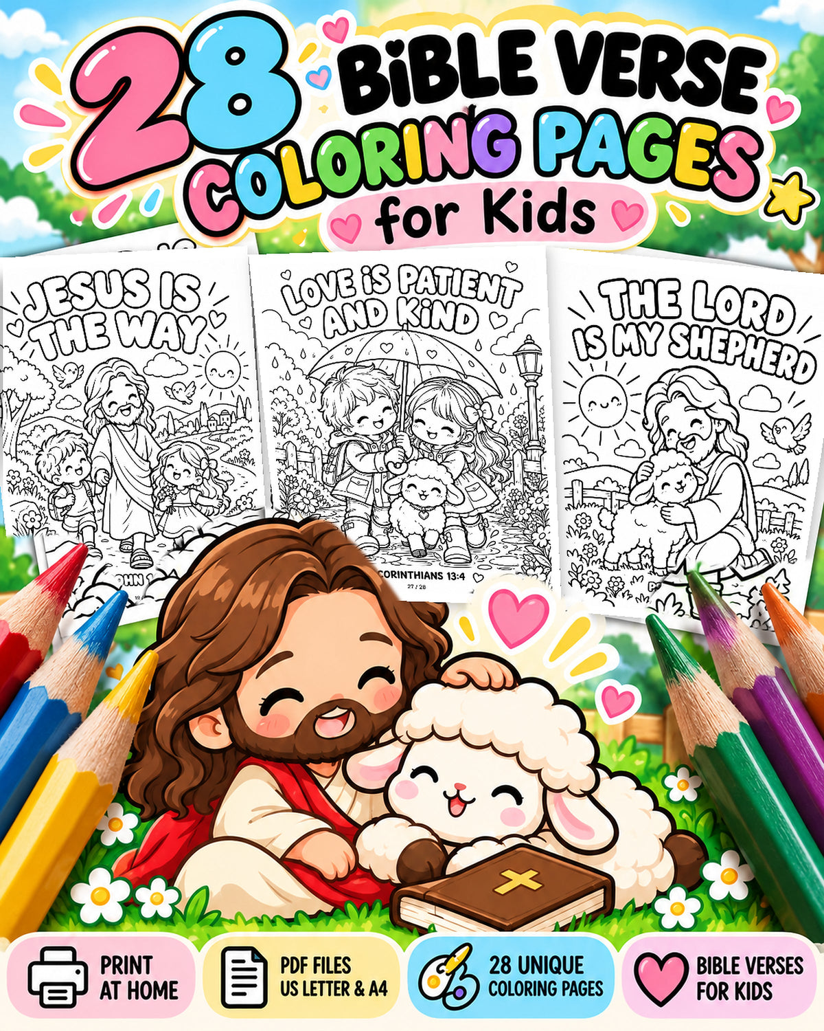 28 Bible Verse Coloring Pages for Kids printable — Scripture Spark cover with Jesus, lamb and original Bible verse coloring pages