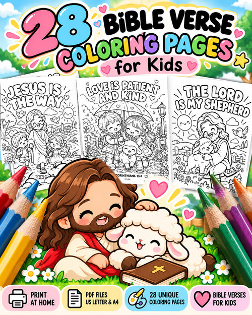 28 Bible Verse Coloring Pages for Kids printable — Scripture Spark cover with Jesus, lamb and original Bible verse coloring pages