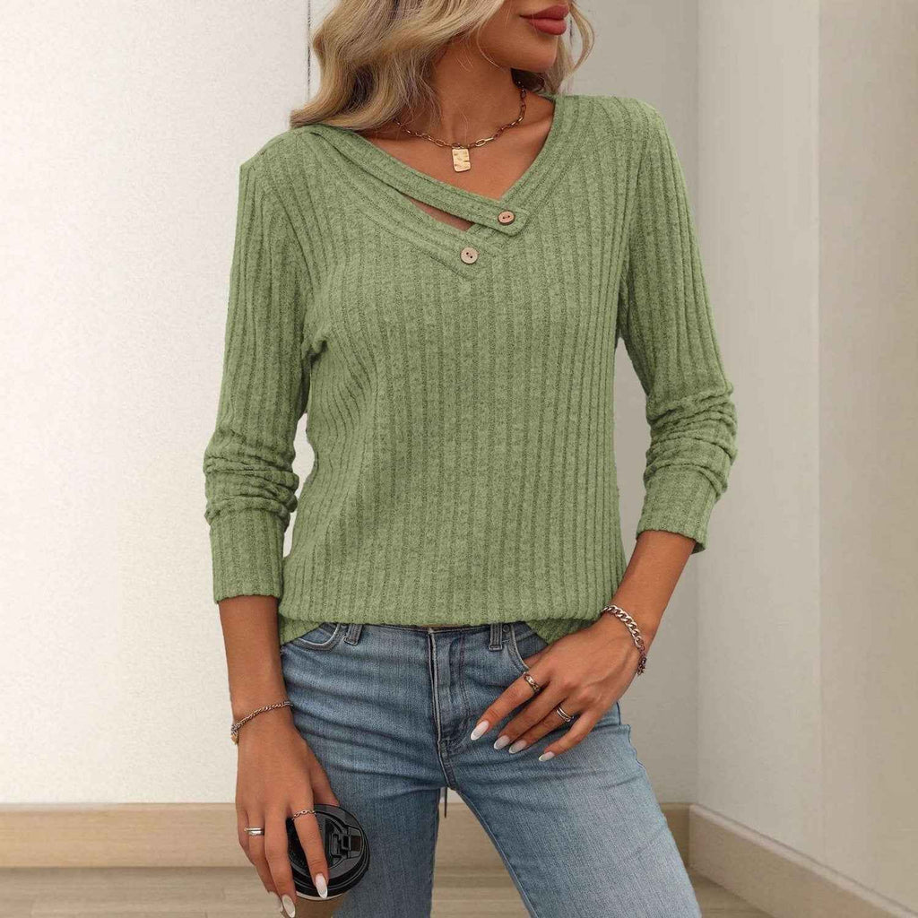 Solid-color V-neck Long-sleeve Knit Top With Buttons