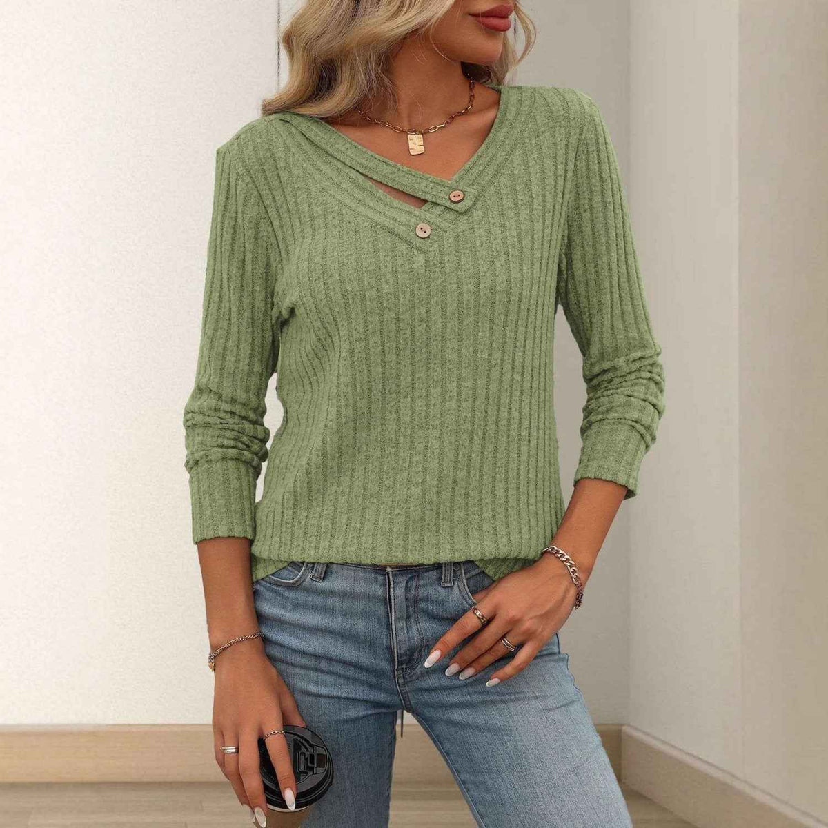 Solid-color V-neck Long-sleeve Knit Top With Buttons