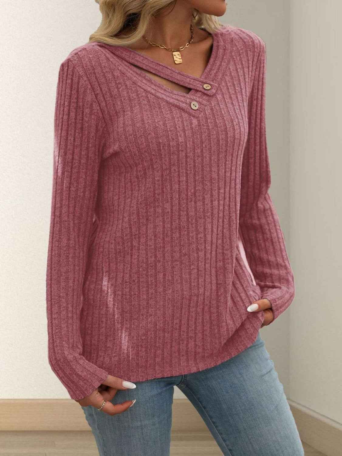 Solid-color V-neck Long-sleeve Knit Top With Buttons