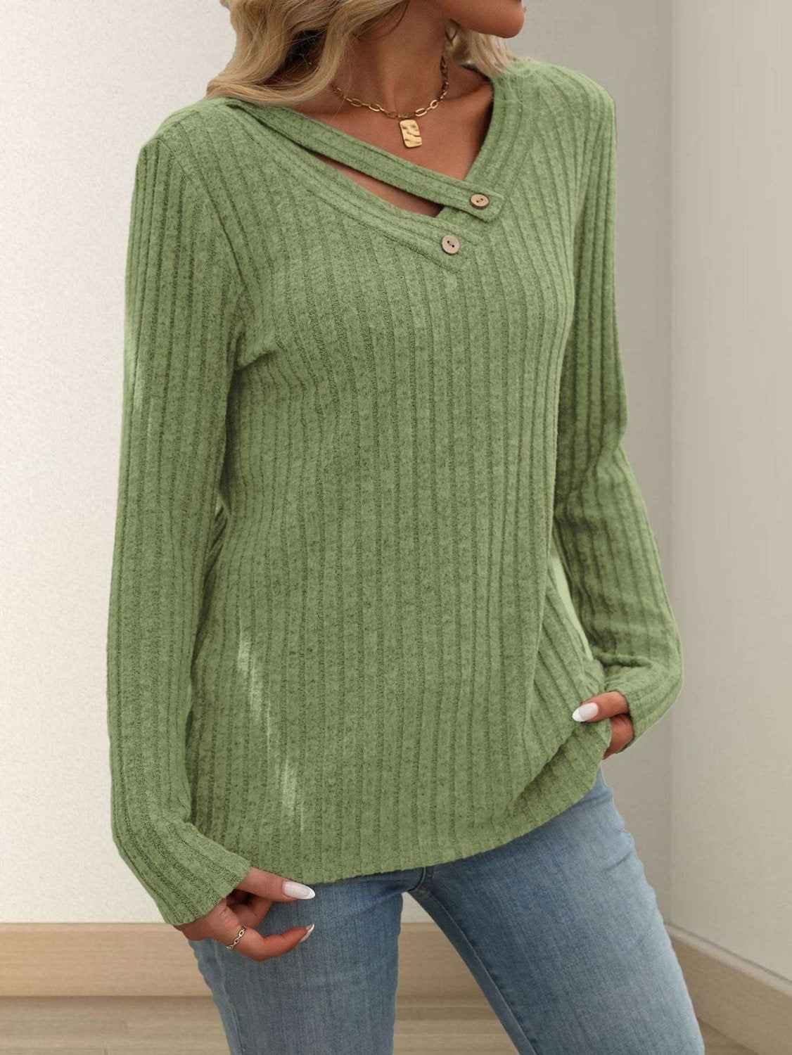Solid-color V-neck Long-sleeve Knit Top With Buttons