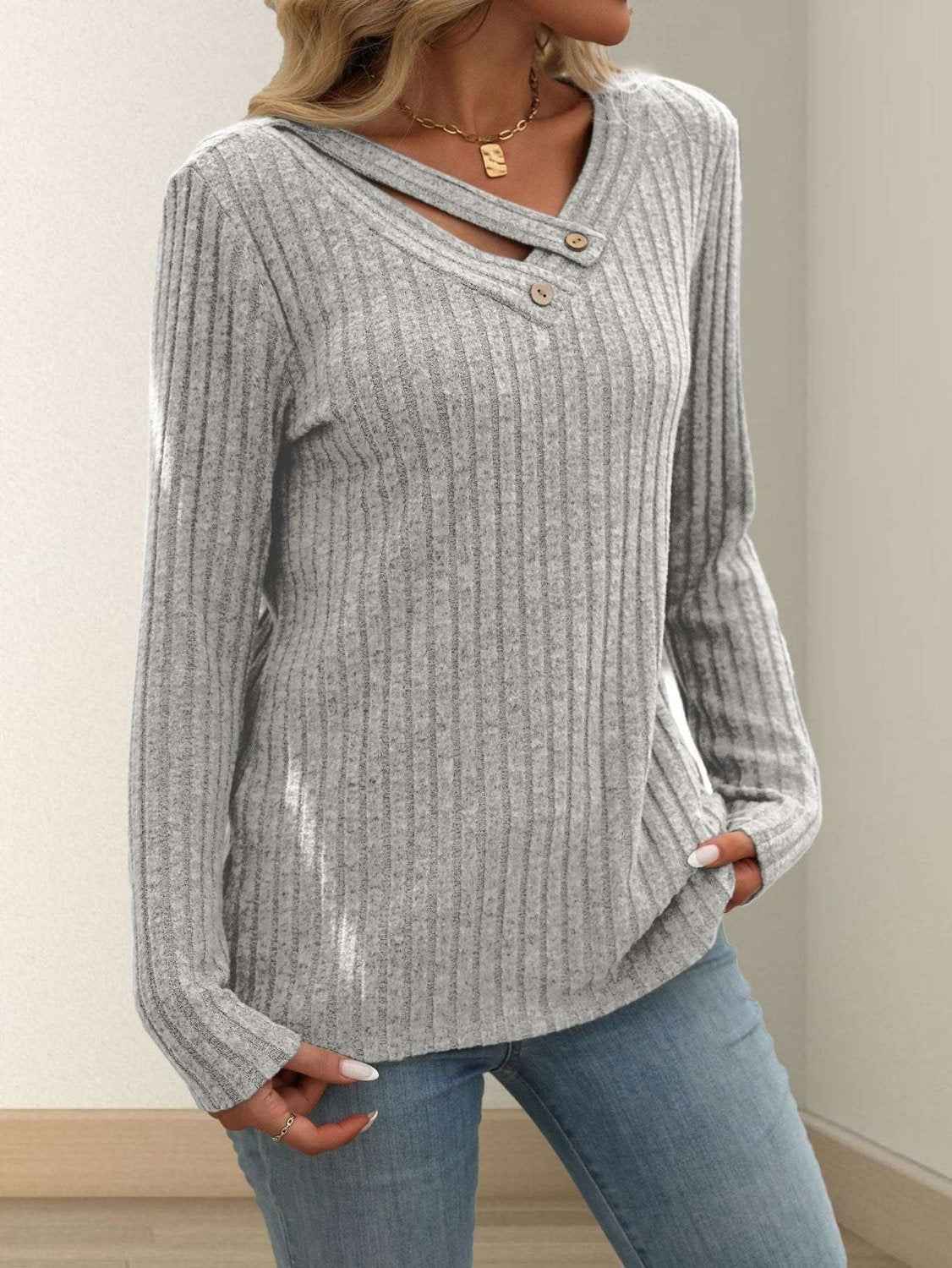 Solid-color V-neck Long-sleeve Knit Top With Buttons