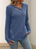 Solid-color V-neck Long-sleeve Knit Top With Buttons