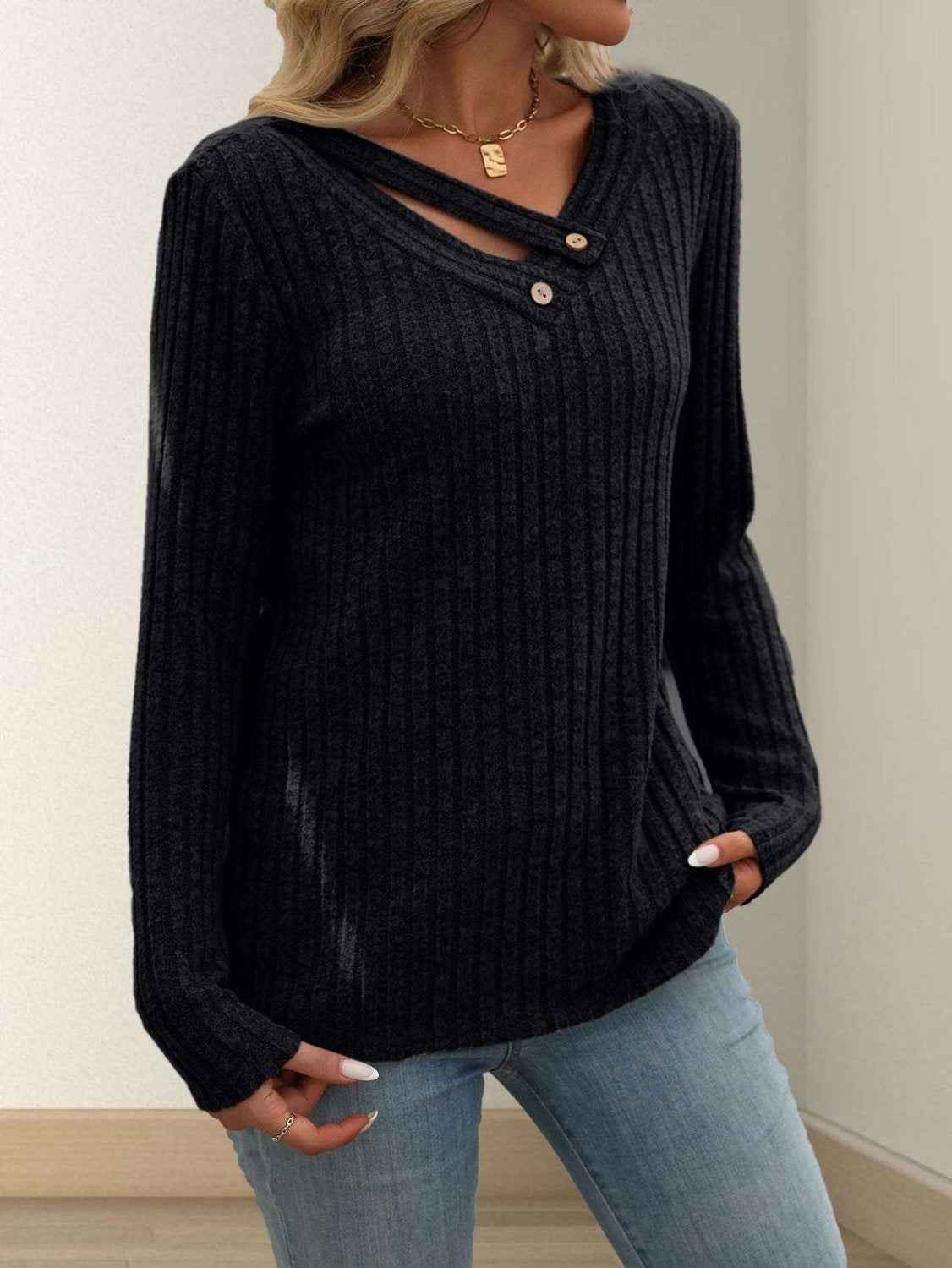 Solid-color V-neck Long-sleeve Knit Top With Buttons