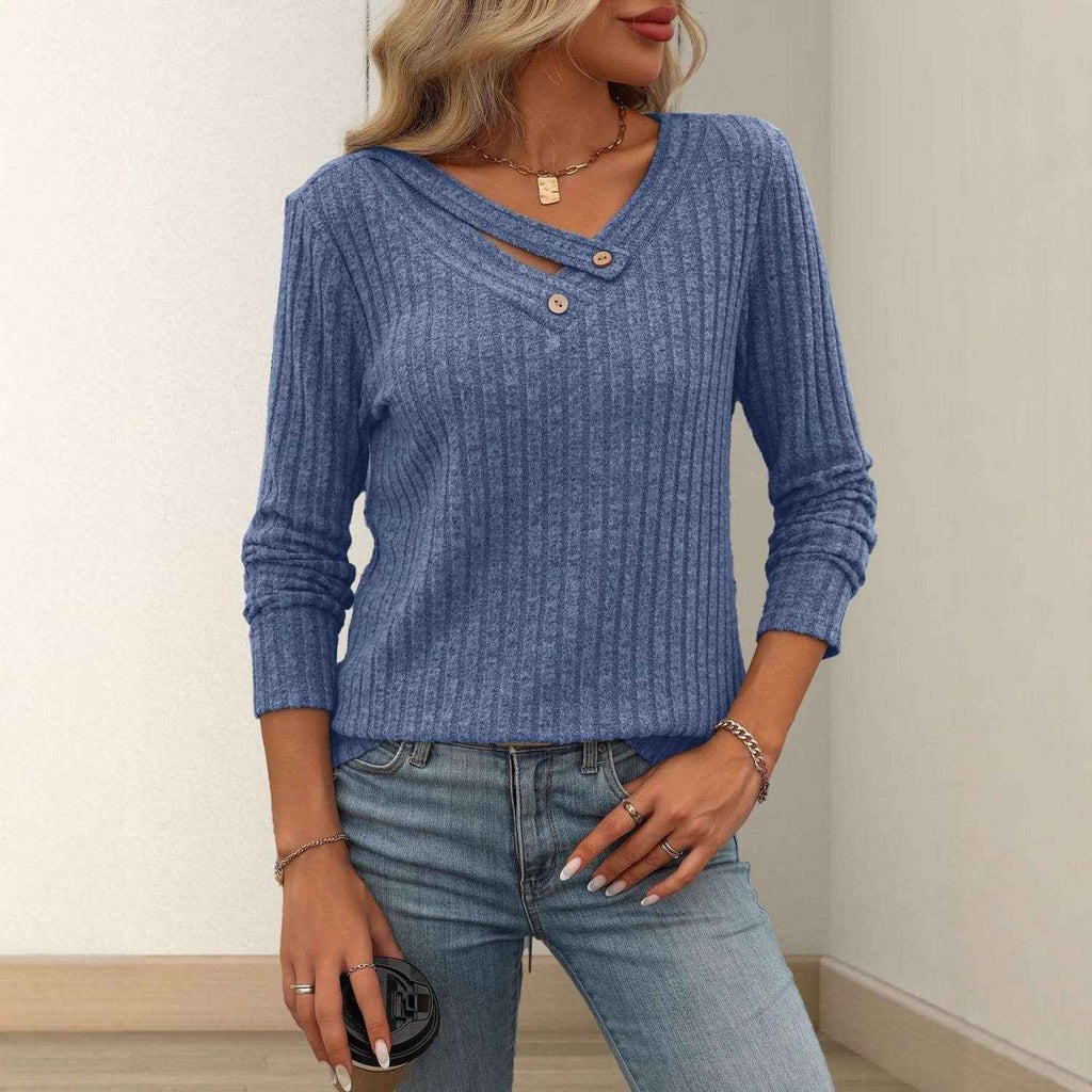 Solid-color V-neck Long-sleeve Knit Top With Buttons