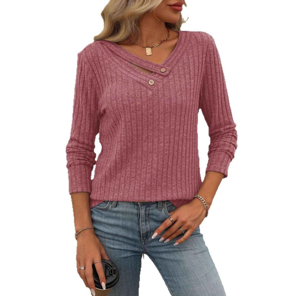 Solid-color V-neck Long-sleeve Knit Top With Buttons
