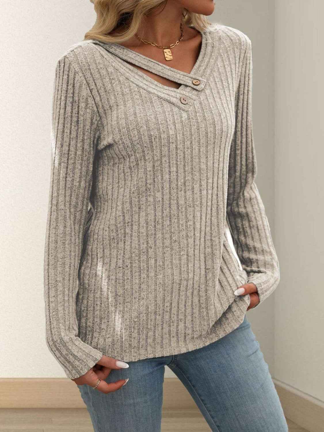 Solid-color V-neck Long-sleeve Knit Top With Buttons