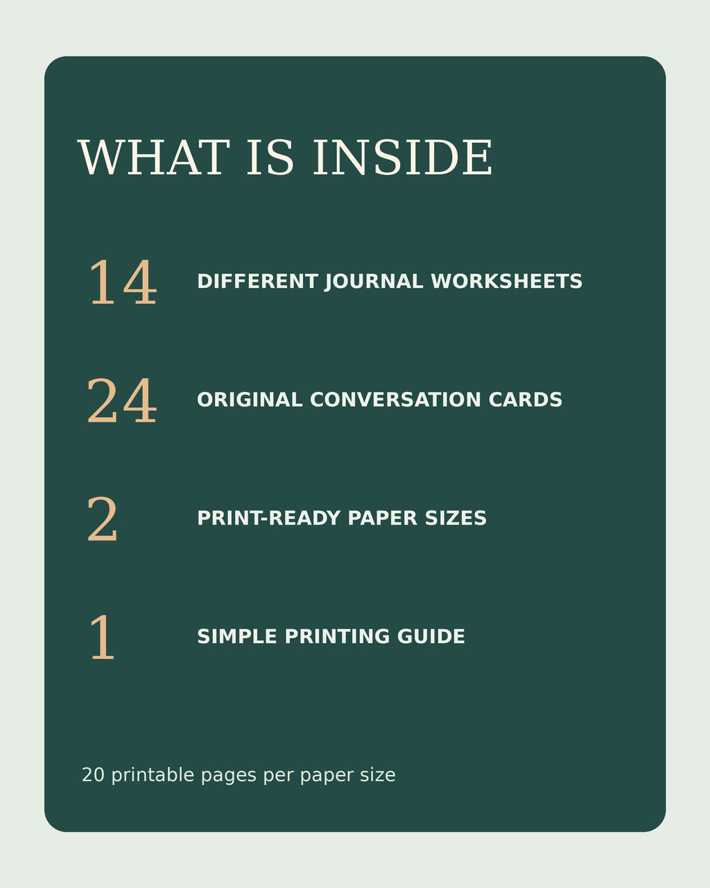 Contents guide showing 14 worksheets, 24 cards and US Letter/A4 PDFs