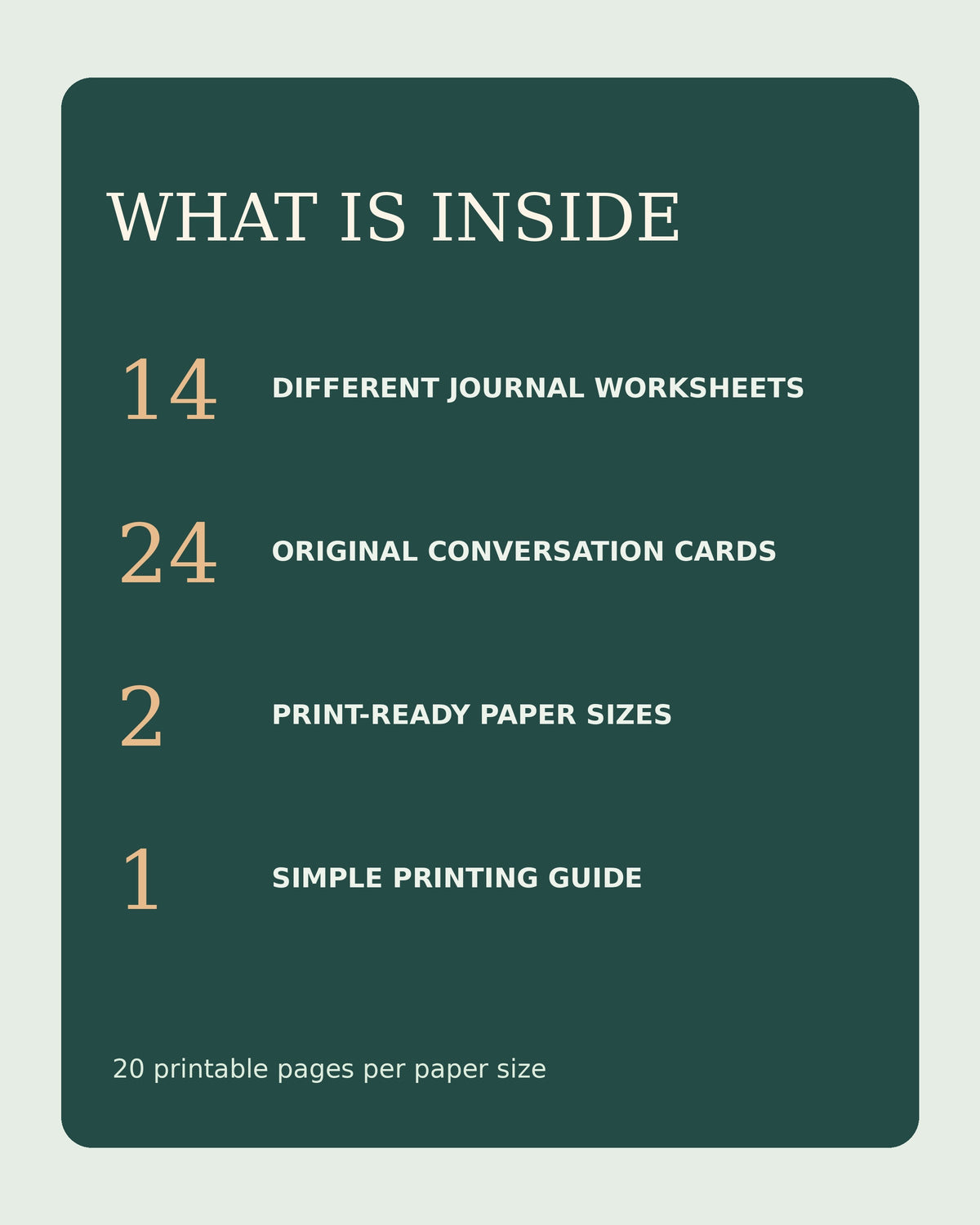 Contents guide showing 14 worksheets, 24 cards and US Letter/A4 PDFs