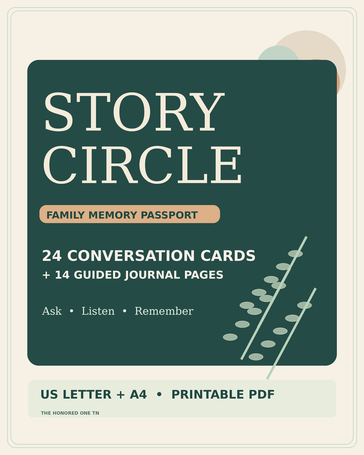 StoryCircle Family Memory Passport printable PDF cover, 24 conversation cards and 14 guided journal worksheets