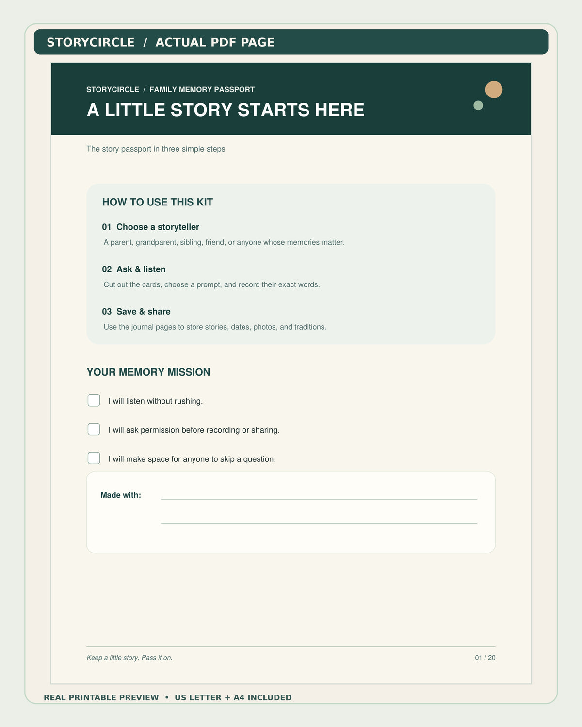 Actual StoryCircle family memory passport use instructions, PDF page 1