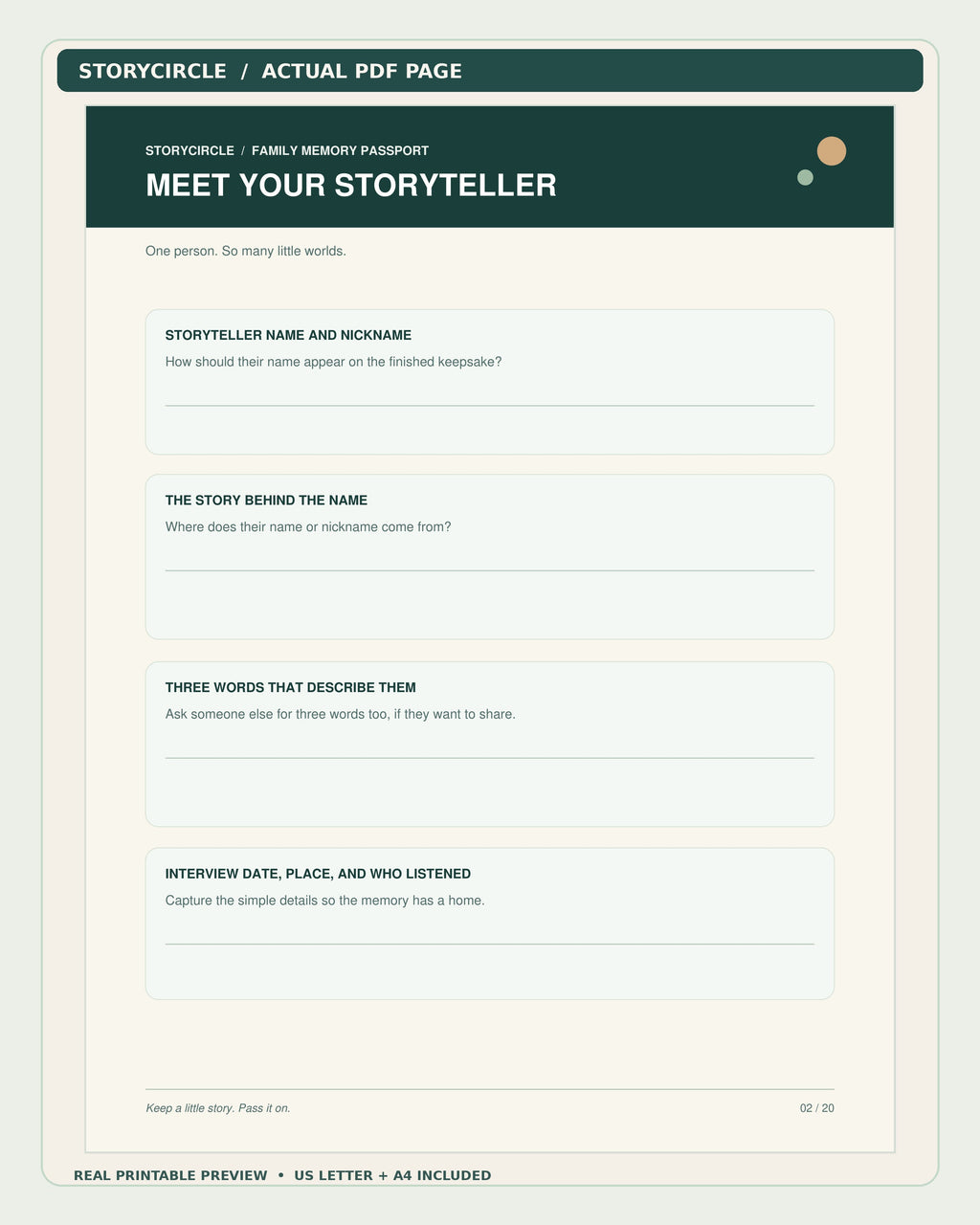 Actual StoryCircle Meet Your Storyteller printable memory worksheet, PDF page 2