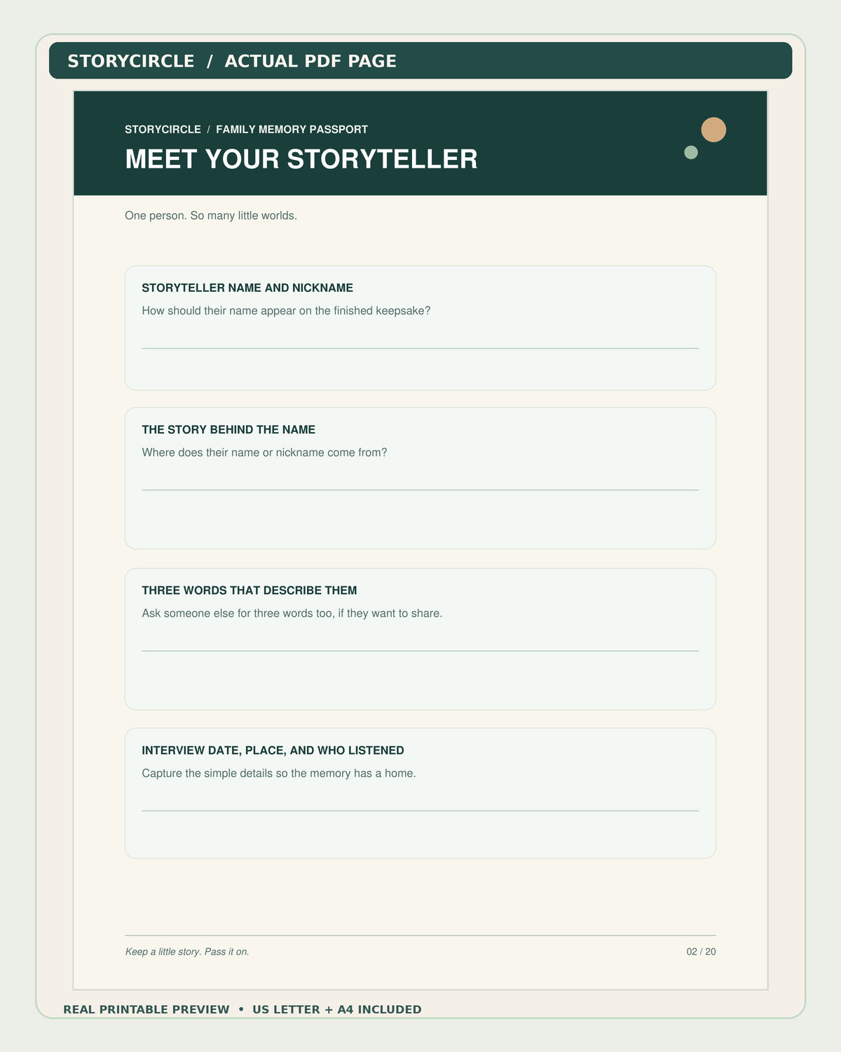 Actual StoryCircle Meet Your Storyteller printable memory worksheet, PDF page 2
