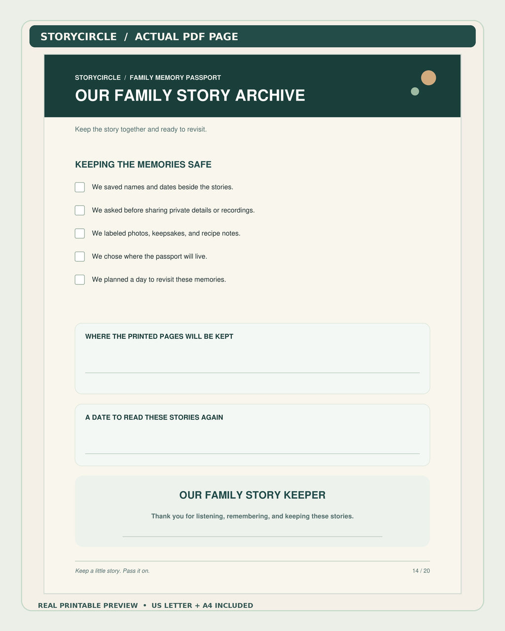 Actual StoryCircle family story archive checklist, PDF page 14