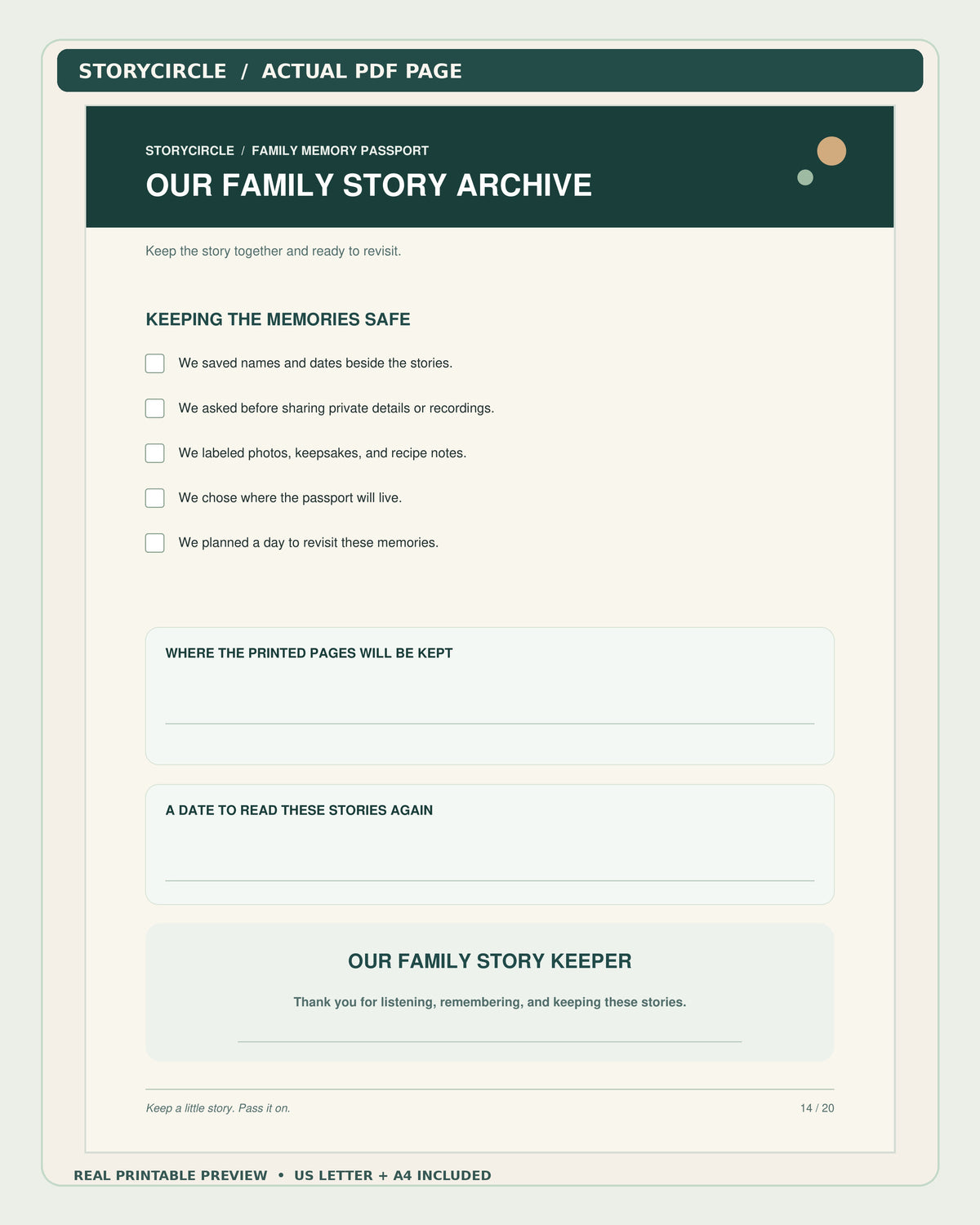Actual StoryCircle family story archive checklist, PDF page 14