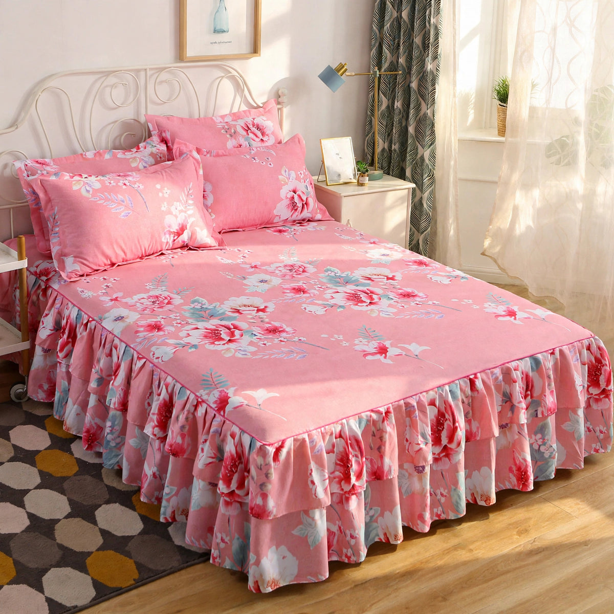 Luxury Floral Ruffle Bed Skirt Set - Double Ruffle Bedspread with 4 Pillowcases - Pink Floral Bedding Set - Soft Breathable Bed Skirt Cover