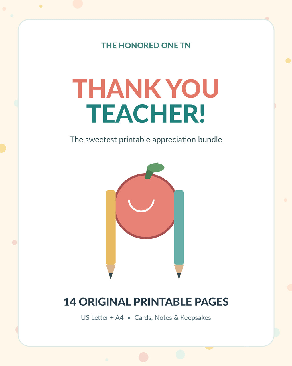 Thank You Teacher printable appreciation PDF bundle cover with original illustrated apple and pencils