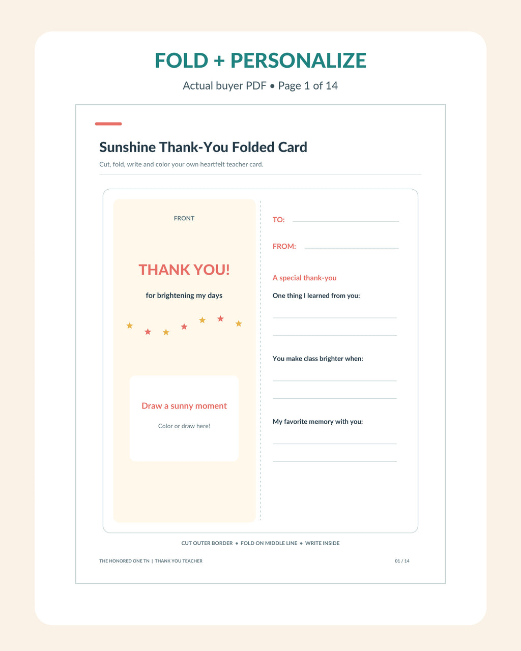 Real folded teacher thank you card with personal writing prompts, page 1 of actual buyer PDF