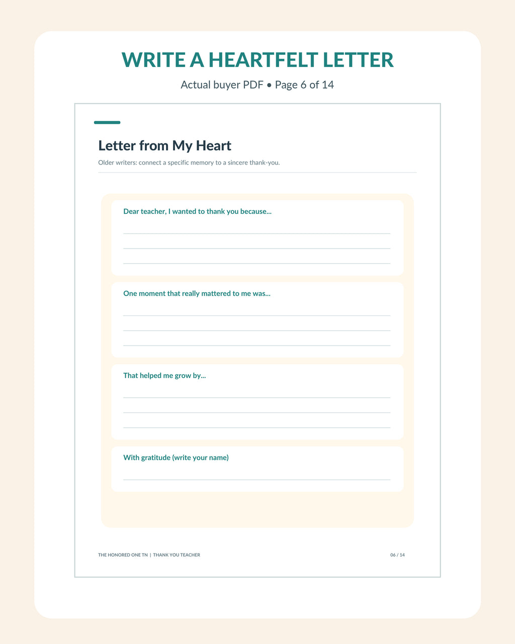 Real guided letter from my heart teacher thank-you worksheet, actual page 6