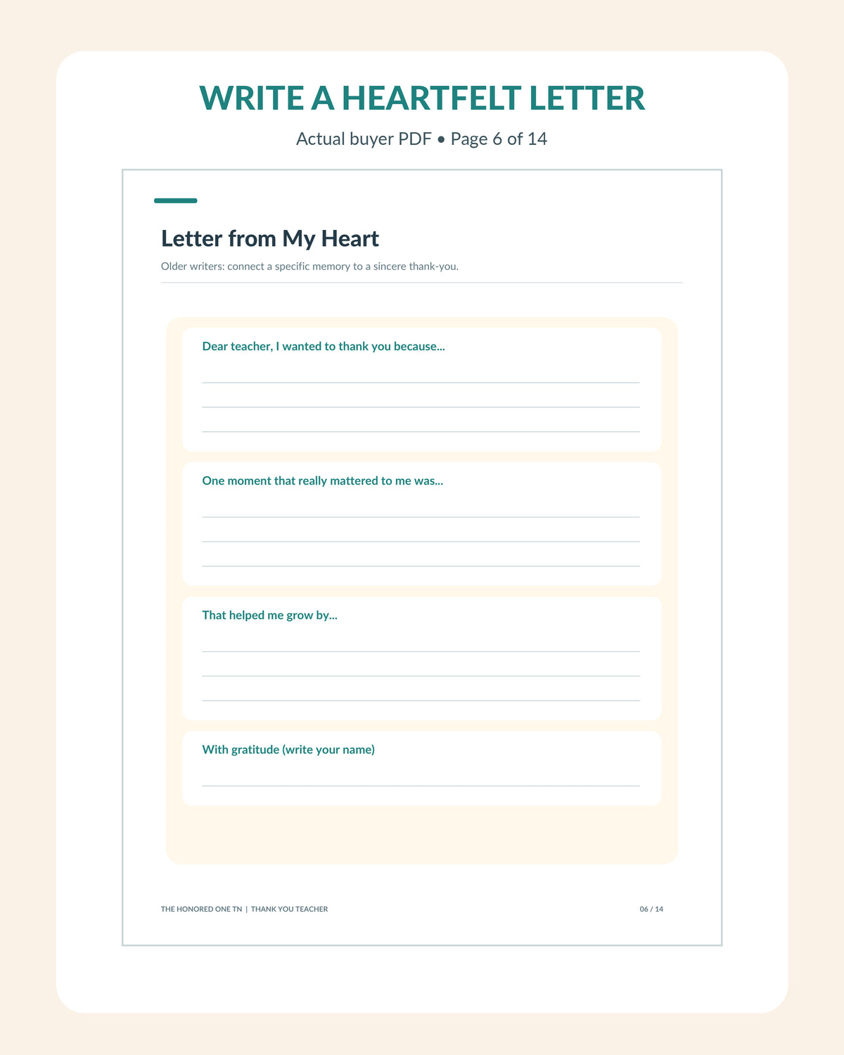 Real guided letter from my heart teacher thank-you worksheet, actual page 6