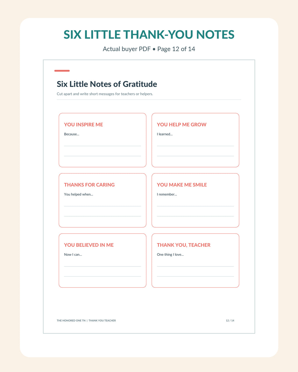 Real PDF cut apart six printable mini teacher gratitude note designs, actual page 12