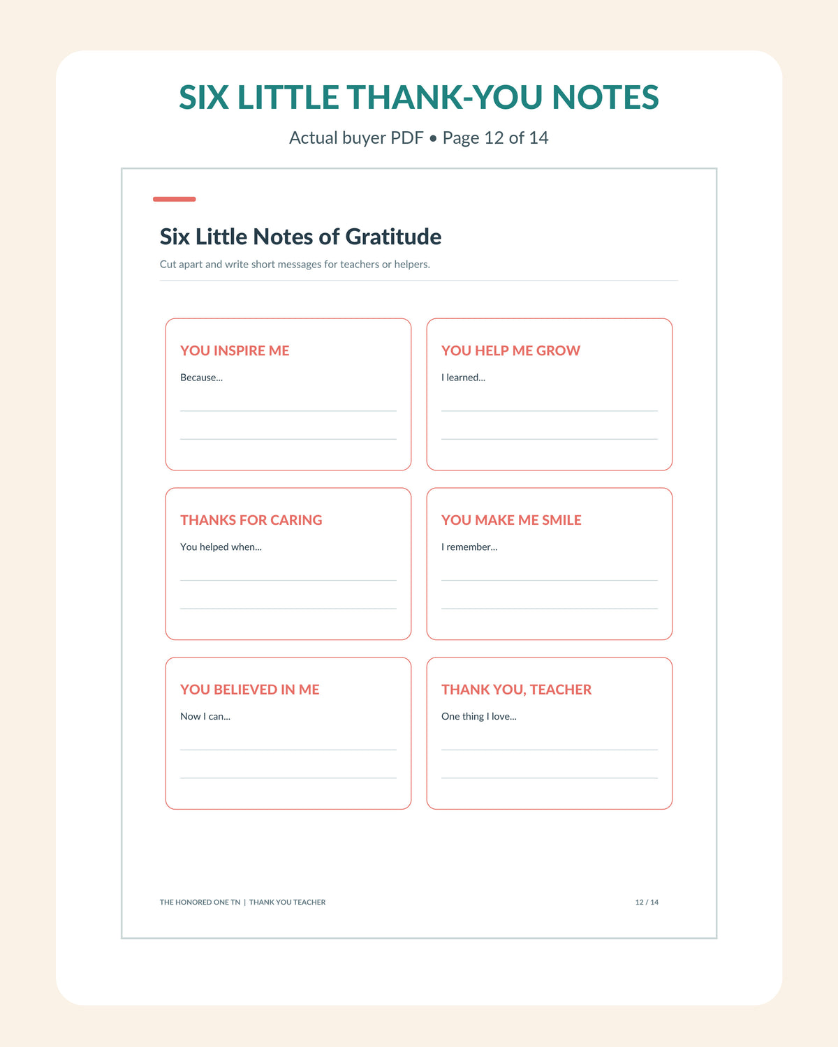 Real PDF cut apart six printable mini teacher gratitude note designs, actual page 12