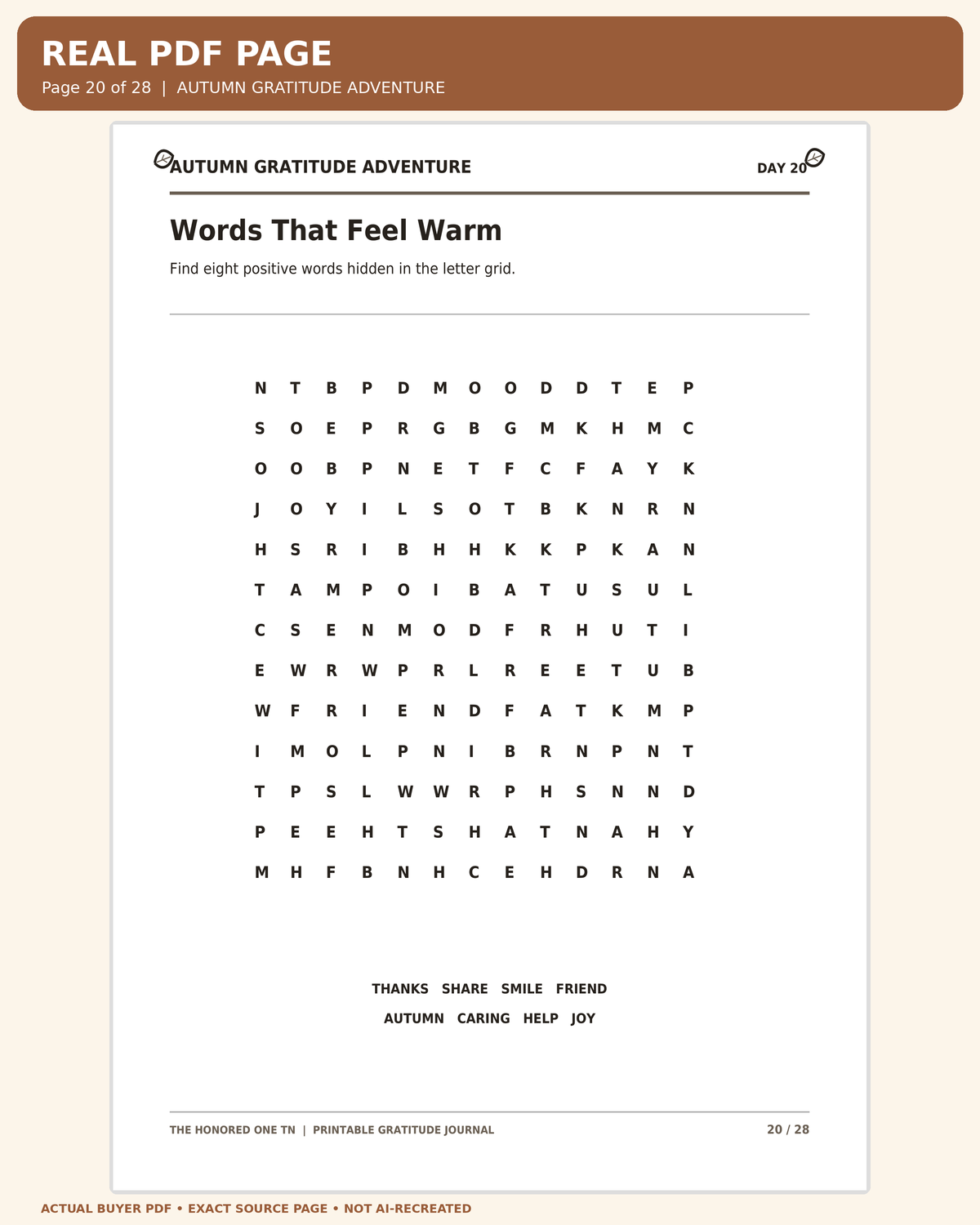 Autumn Gratitude Adventure: exact original customer PDF page 20 enlarged readable worksheet
