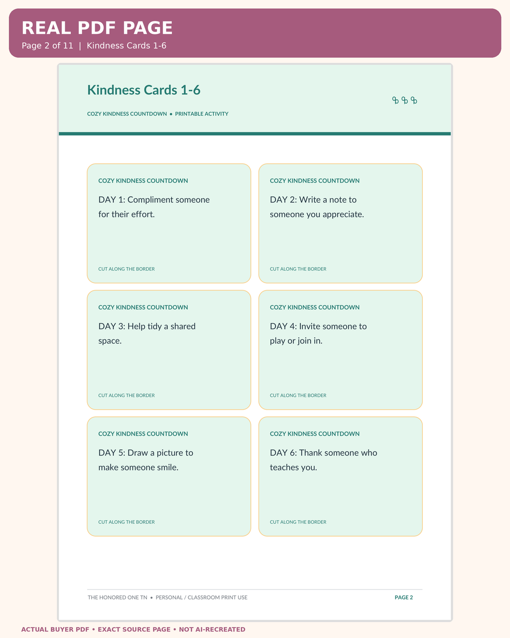 Cozy Kindness Countdown: actual PDF page 02 enlarged readable worksheet preview