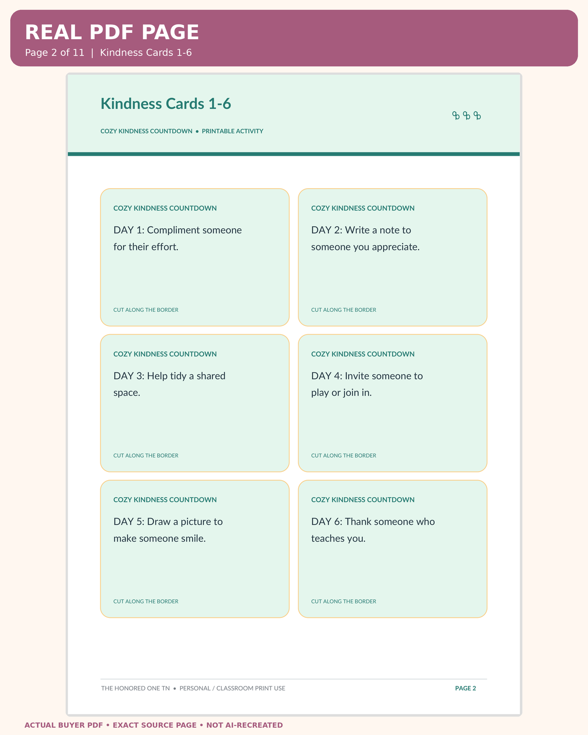 Cozy Kindness Countdown: actual PDF page 02 enlarged readable worksheet preview