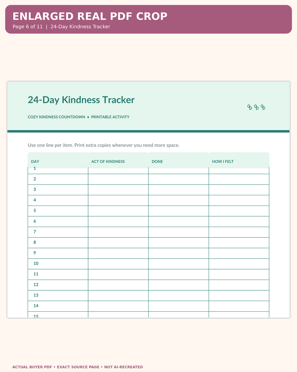 Cozy Kindness Countdown: actual PDF page 06 enlarged readable worksheet preview