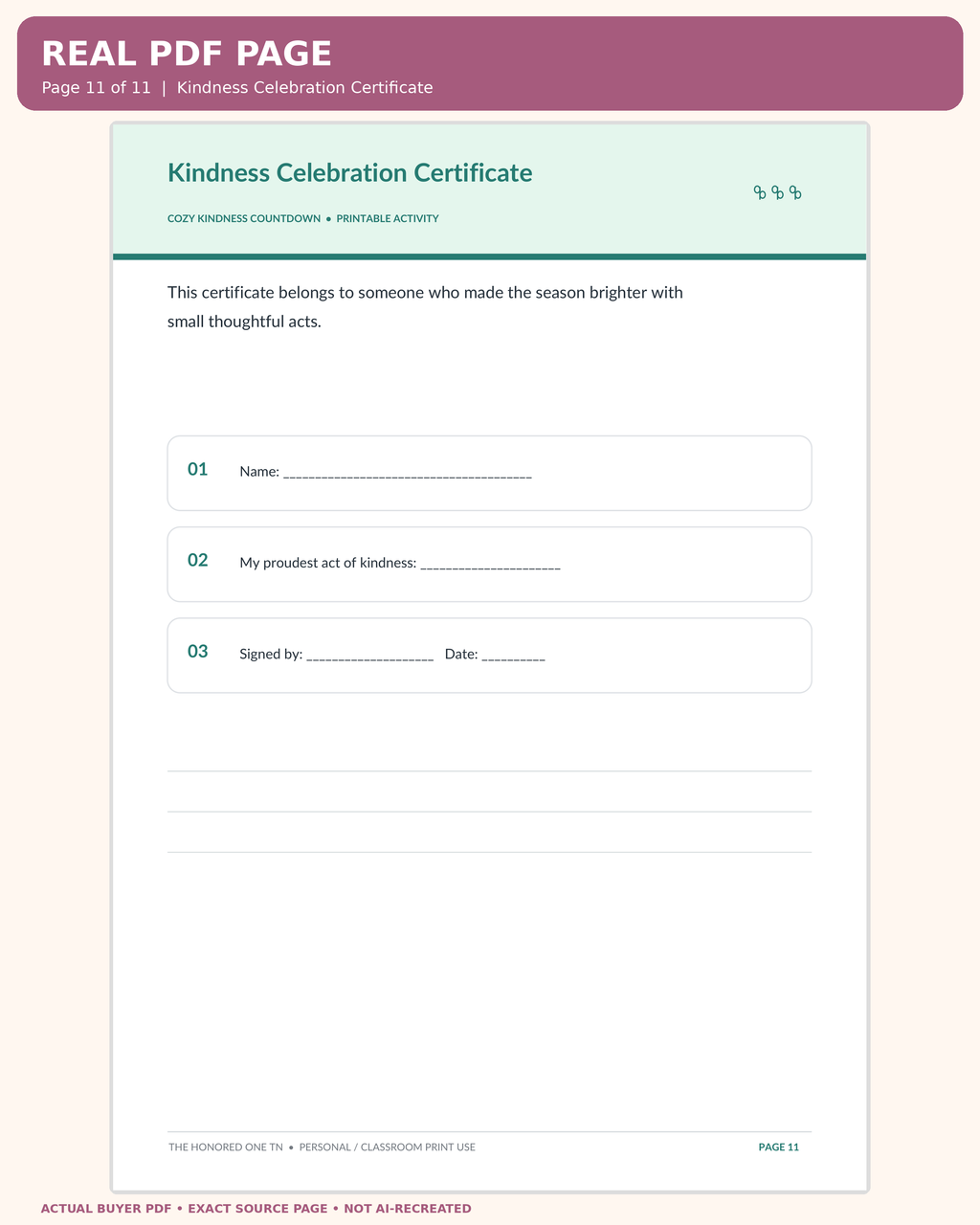 Cozy Kindness Countdown: actual PDF page 11 enlarged readable worksheet preview