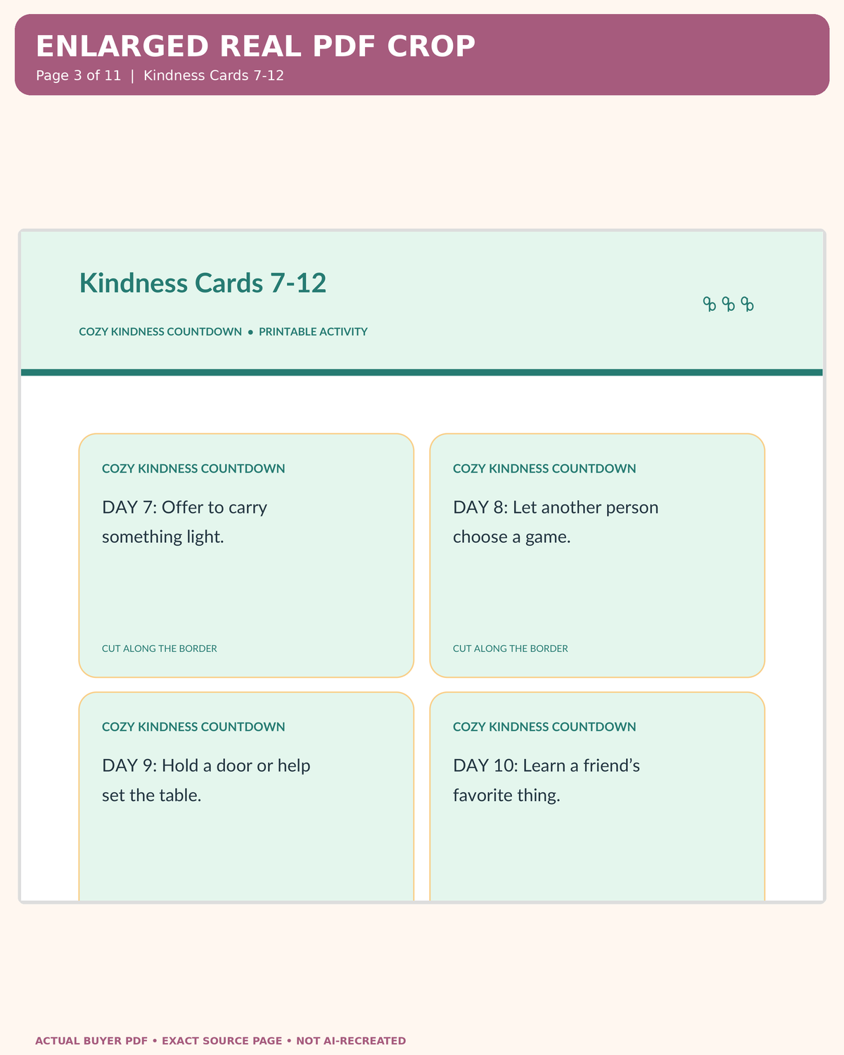 Cozy Kindness Countdown: actual PDF page 03 enlarged readable worksheet preview