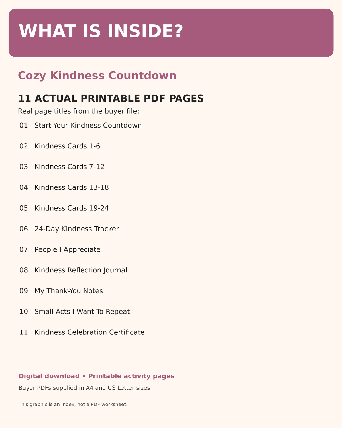 Cozy Kindness Countdown: verified contents of the actual buyer PDF