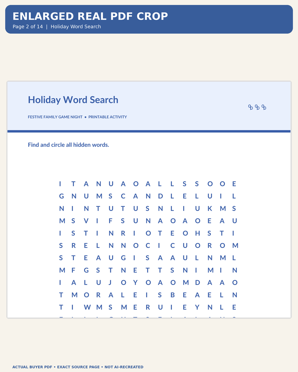 Actual buyer PDF page 2: Holiday Word Search, enlarged for legibility
