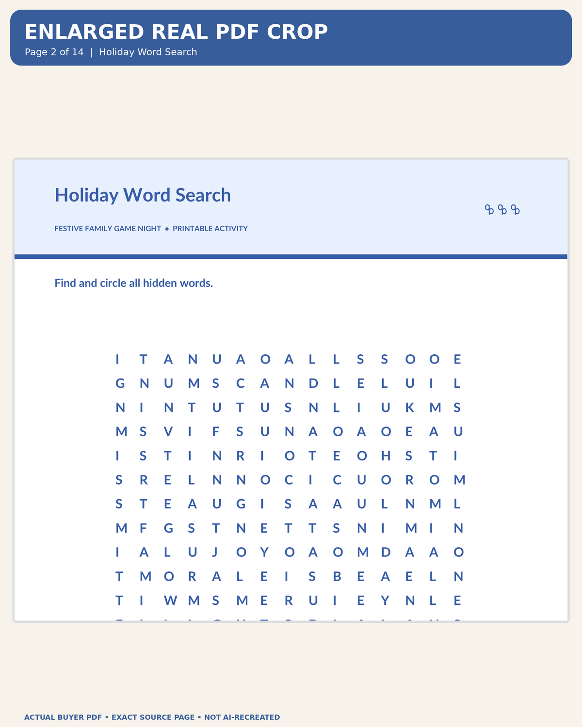 Actual buyer PDF page 2: Holiday Word Search, enlarged for legibility