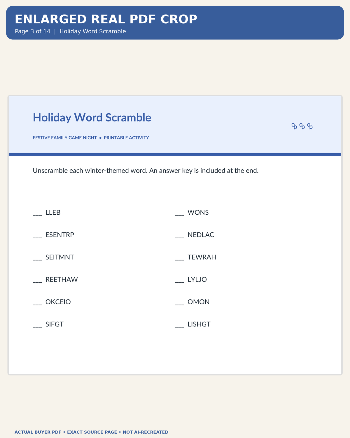 Actual buyer PDF page 3: Holiday Word Scramble, enlarged for legibility