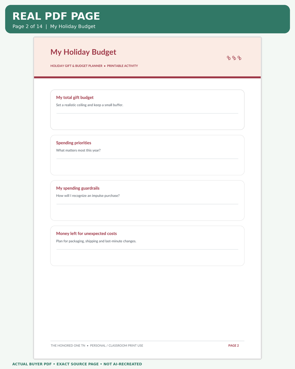 Holiday Gift & Budget Planner: actual PDF page 02 enlarged readable worksheet preview