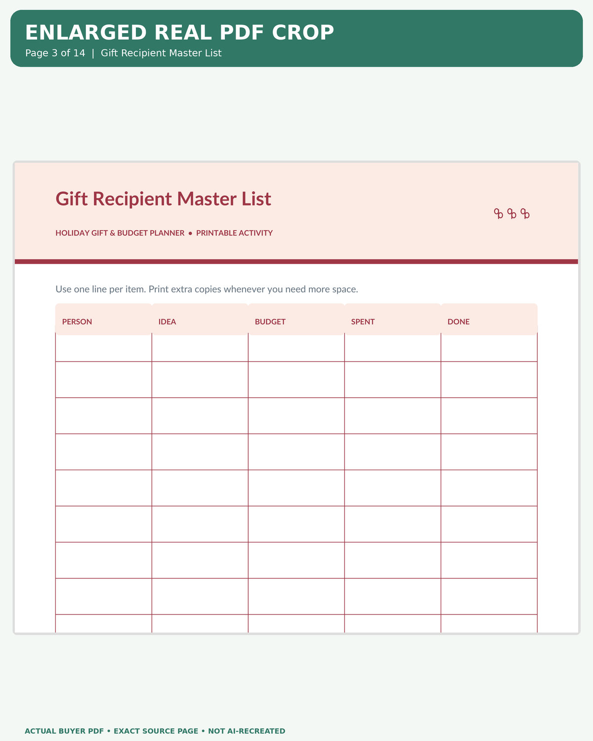 Holiday Gift & Budget Planner: actual PDF page 03 enlarged readable worksheet preview
