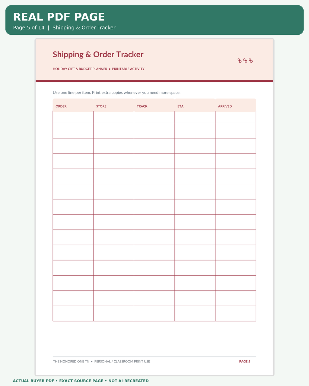 Holiday Gift & Budget Planner: actual PDF page 05 enlarged readable worksheet preview