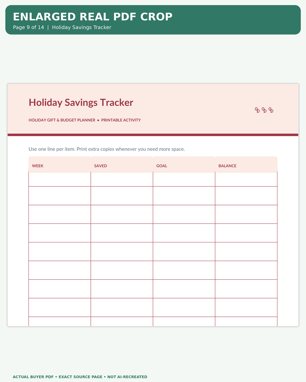 Holiday Gift & Budget Planner: actual PDF page 09 enlarged readable worksheet preview