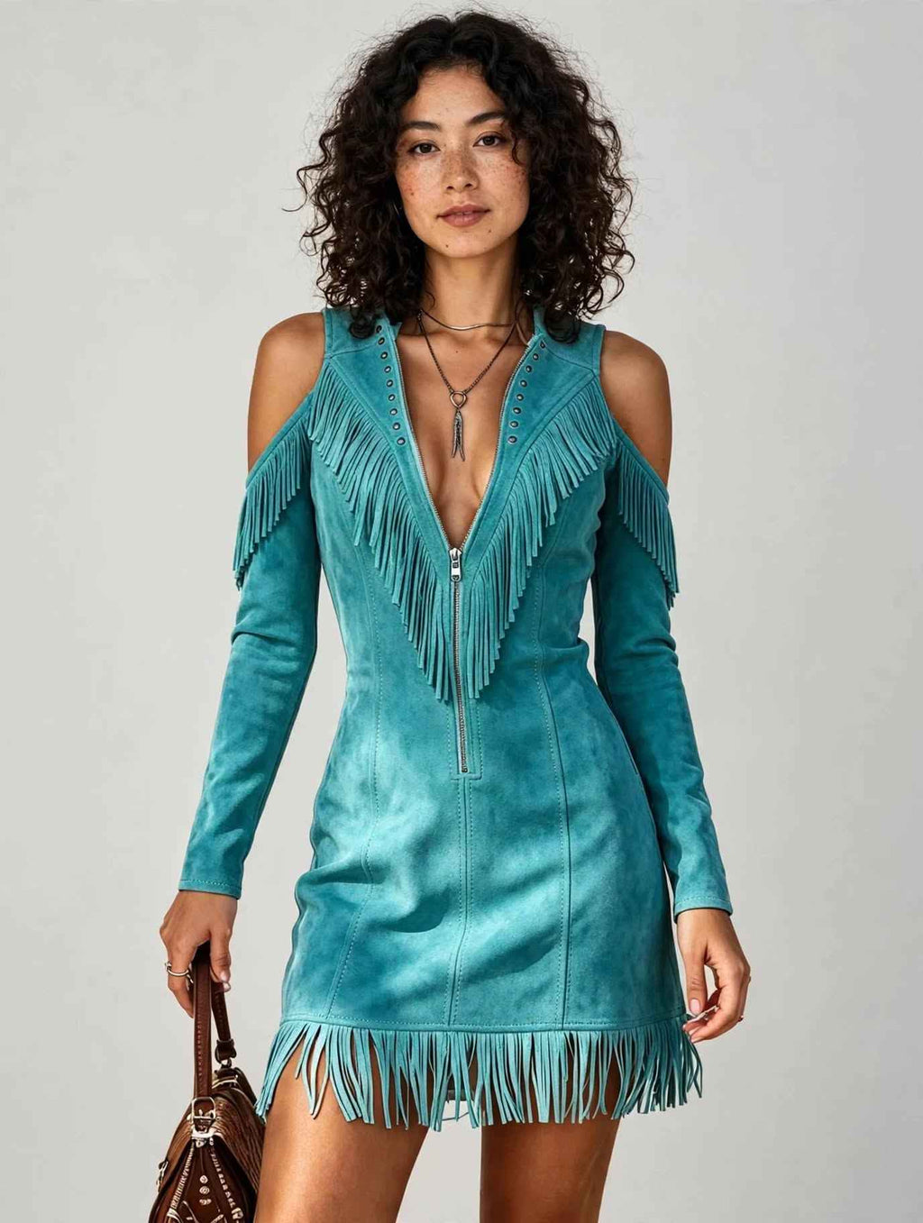Retro Western Slim Fit Wrap Dress with Tassel, Zipper Front, Fringe & V-Neck